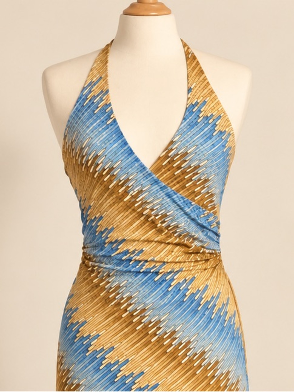 Blue & Gold Abstract Print Halter Dress Ruched Waist Open Back